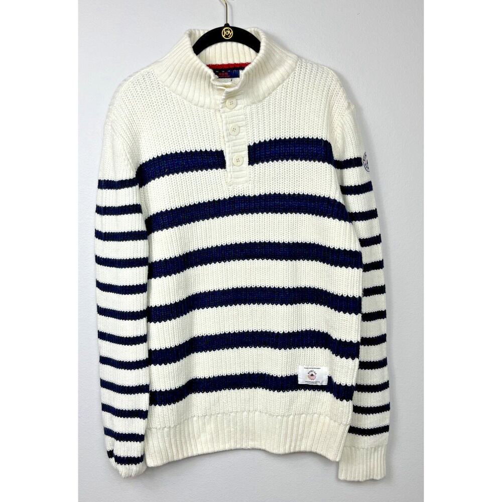 HUM & BUMPER Human United Blue And White Striped Sweater Size Large